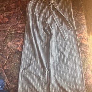 Women's Gray Pinstripe Wide-Leg Pants with Waist Tie
